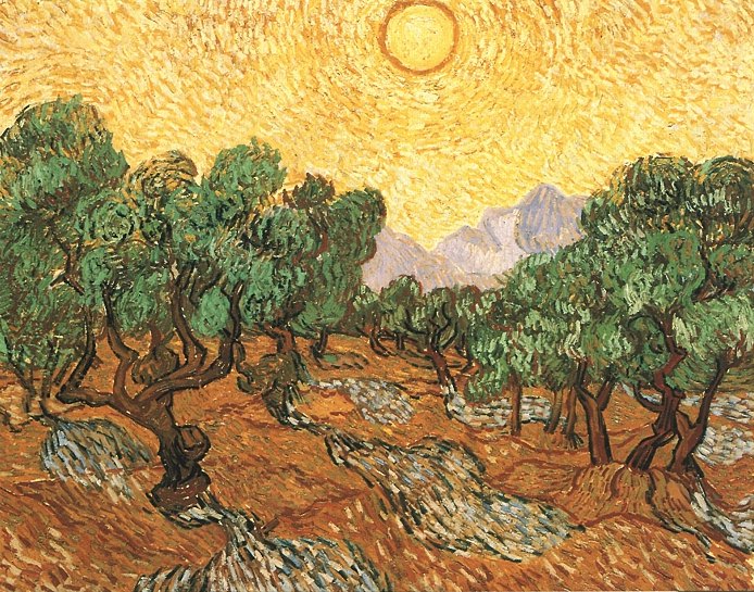 Olive Trees with Yellow Sky and Sun